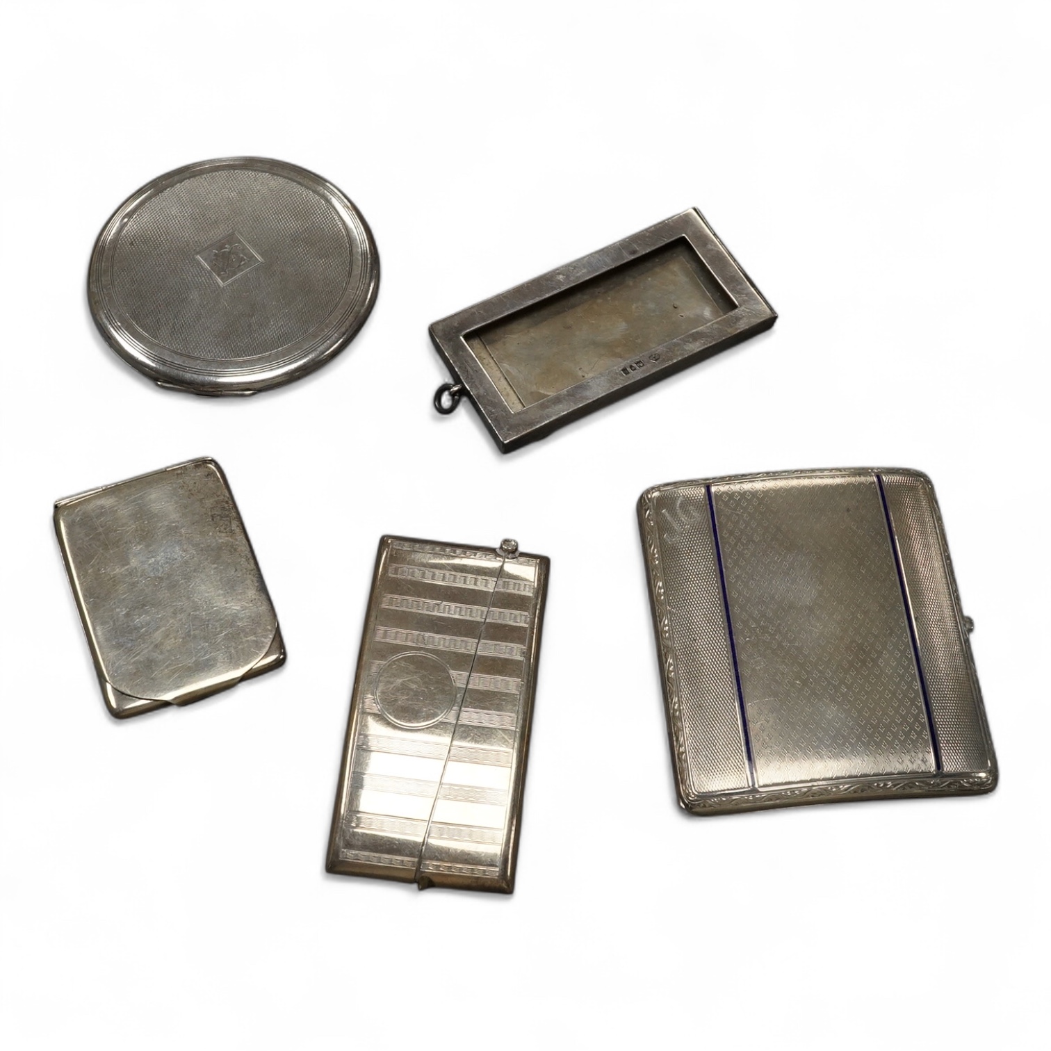 A George V silver and enamel cigarette case, import marks for London, 1926, 86mm, together with a silver card case, match sleeve, compact and small frame. Condition - fair